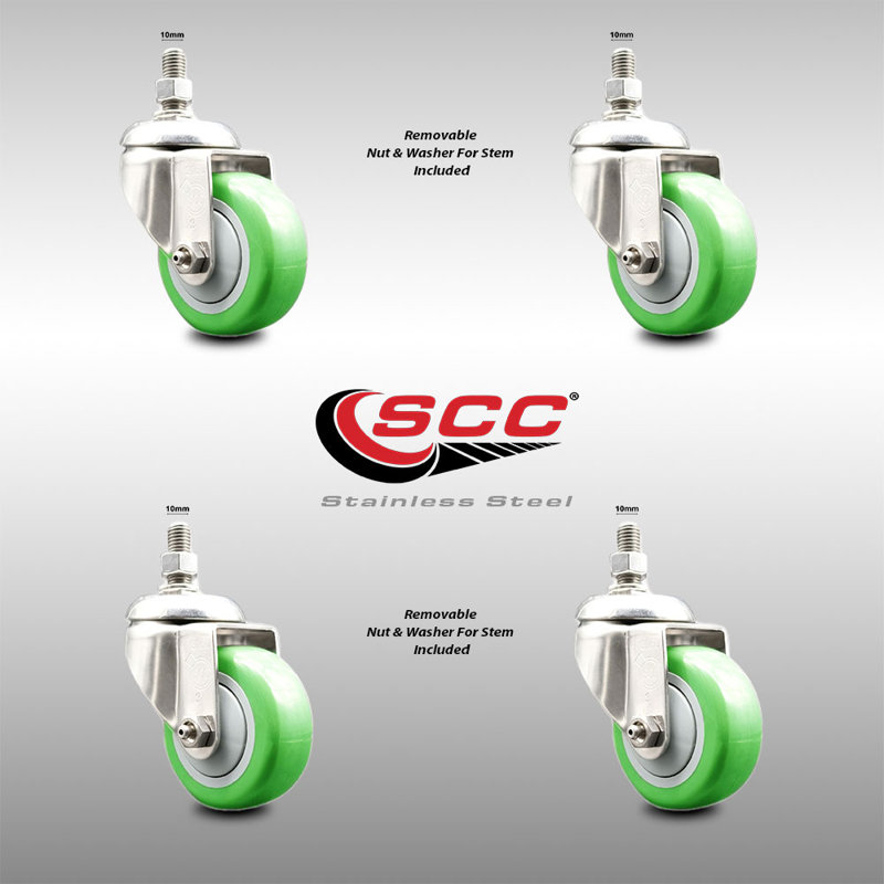 Ensemble de roulettes à tige filetée 3,5 pouces 3,5 pouces en polyuréthane pivotant 10mm, Vert