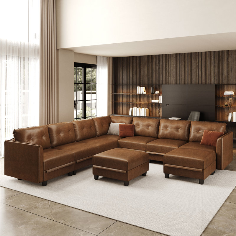 Canapé modulaire modulaire avec rangement, similicuir brun moderne, méridienne réversible, canapé en forme de U pour le salon, imperméable et facile à nettoyer, 8 sièges avec 1 repose-pieds