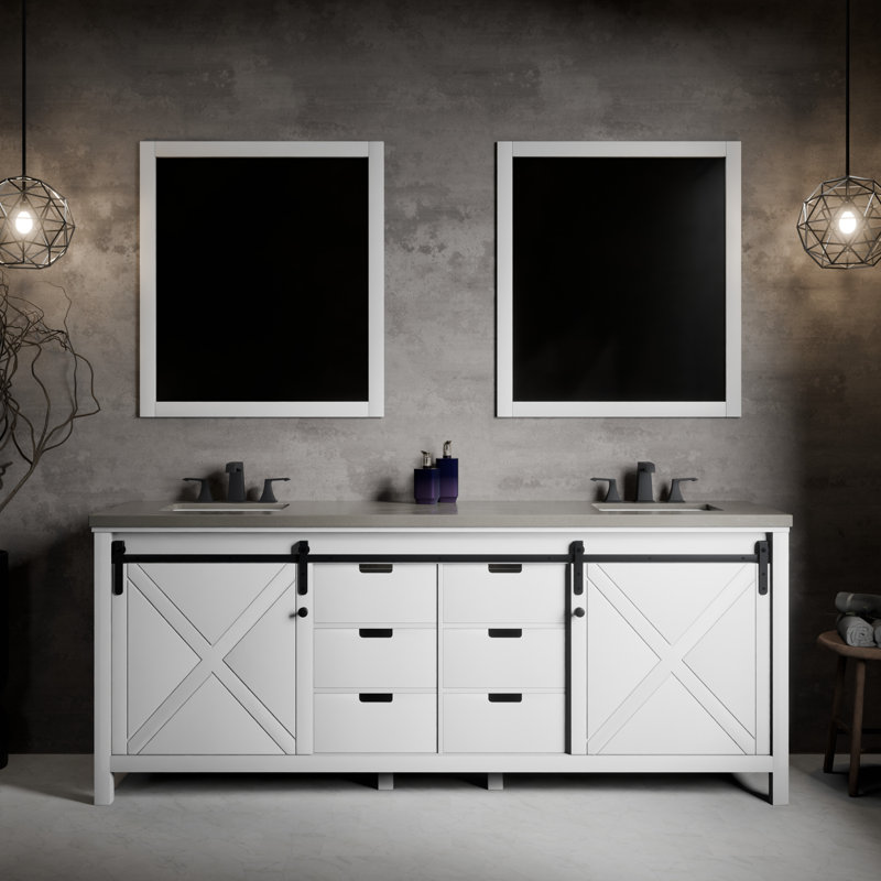 Marsyas 84 in W x 22 in D Double Bath Vanity and 34 in Mirrors, White, Gray Quartz