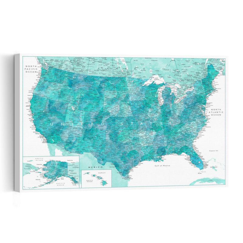 Carte des États-Unis turquoise - Affiche contemporaine, 32" H x 48" W, Green/White