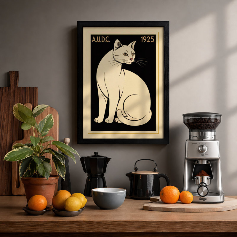 Cat Art Deco - Framed Print, A2 - 59.4 x 42.0 cm, Black