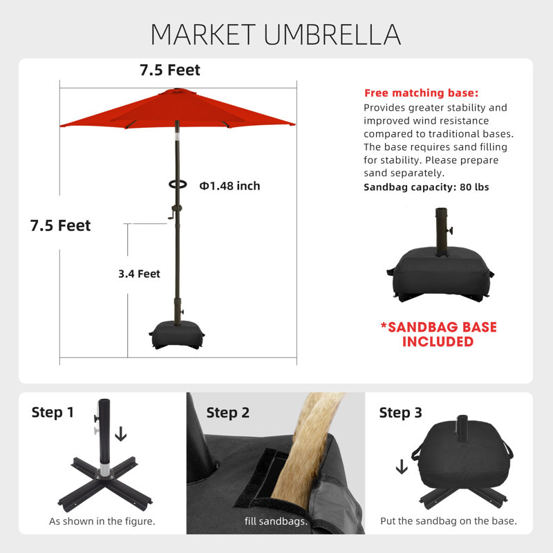 Parasol de marché 7,5 pi avec base et bouton-poussoir inclinable, Rouge