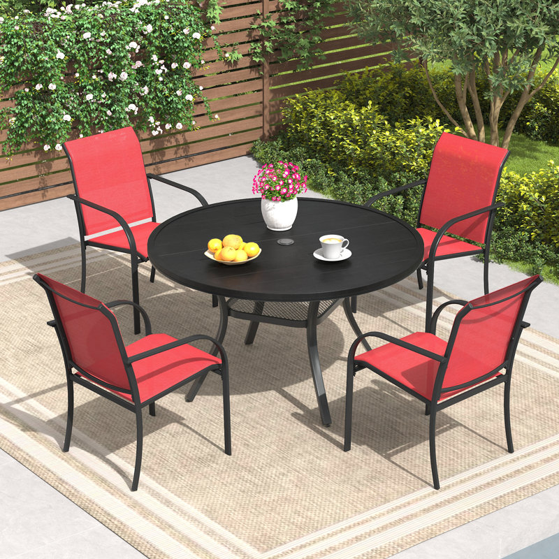 Red and Black 4-Person Round Patio Dining Set with Faux Wood Table