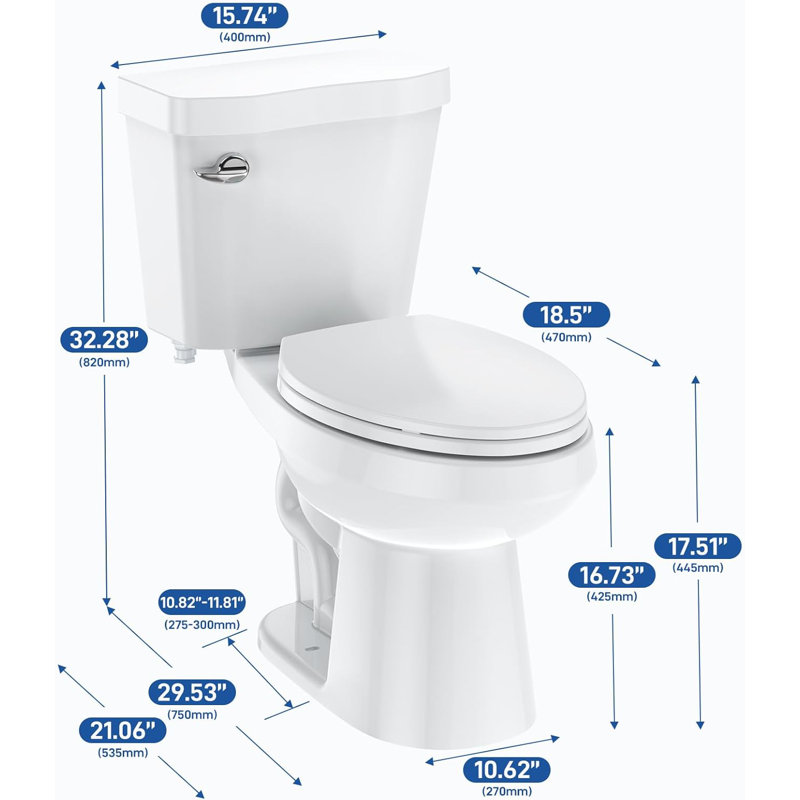Toilette allongée deux pièces - Toilette allongée à hauteur confort de 17,5 po ADA pour salle de bain, chasse haute efficacité 1,28 GPF, siège à fermeture en douceur, toilettes à chasse latérale à pression latérale, emboîtement universel 12 po