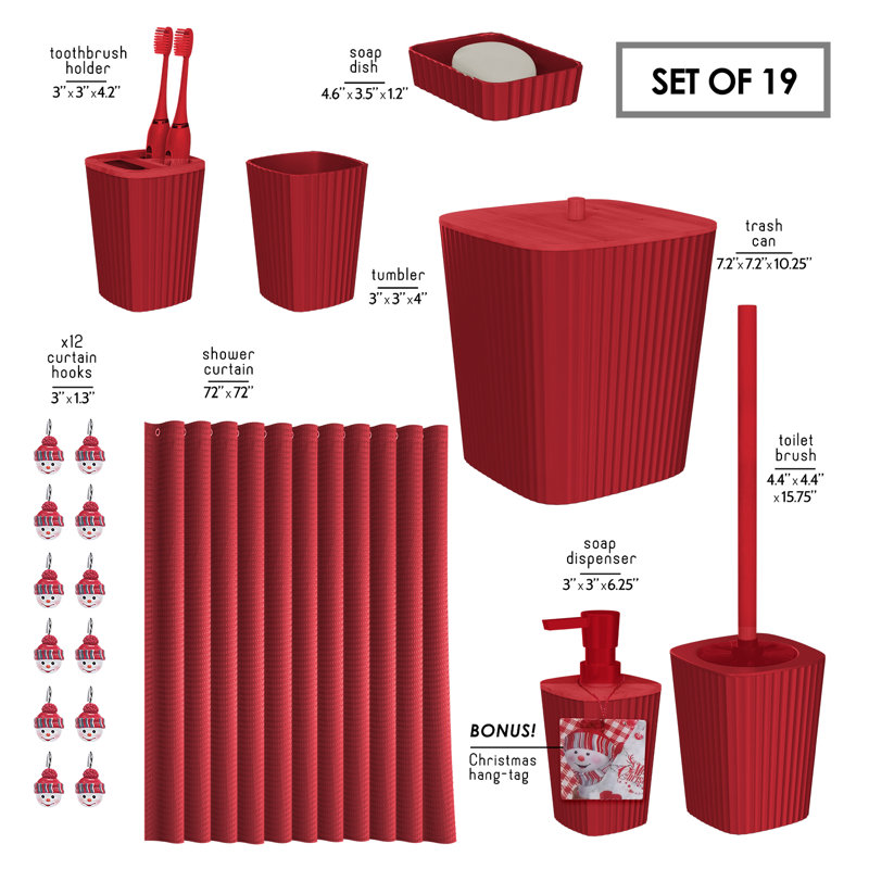 Ensemble 19 pièces d'accessoires de salle de bain de Noël avec rideau de douche gaufré rouge et crochets bonhomme de neige