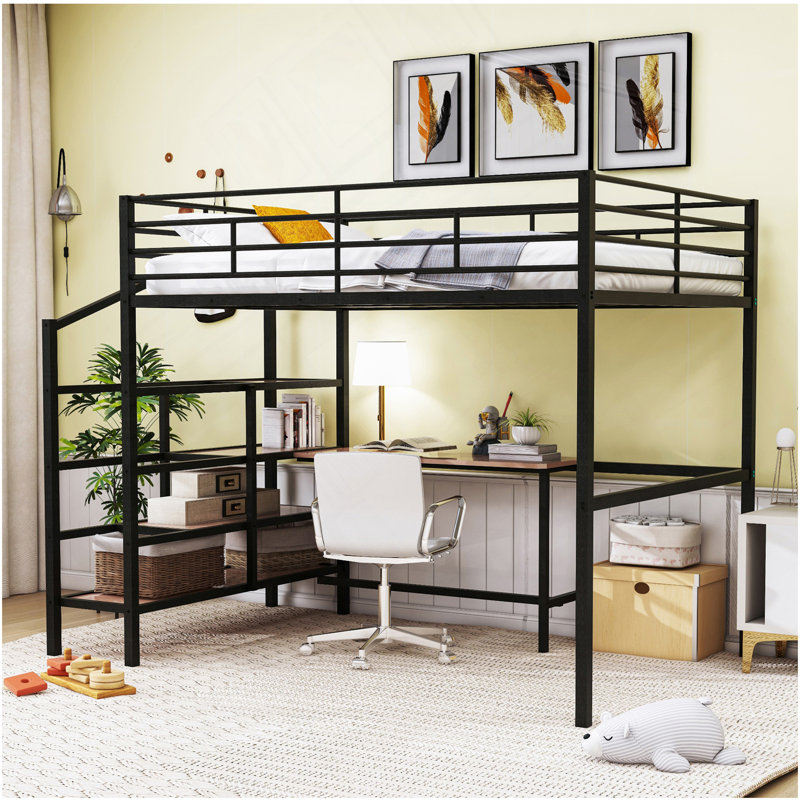 Lit mezzanine double en métal avec bureau et échelle de rangement latérale, noir
