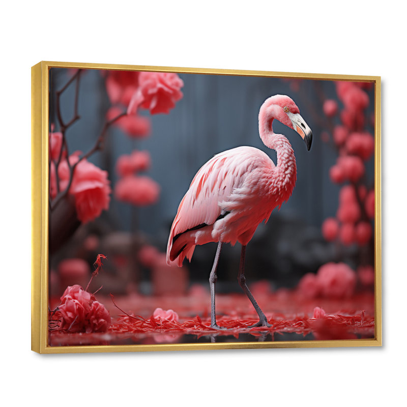 Flamant rose élégant - imprimé, H 16 po x l 32 po x P 1 po, Cadre flottant doré