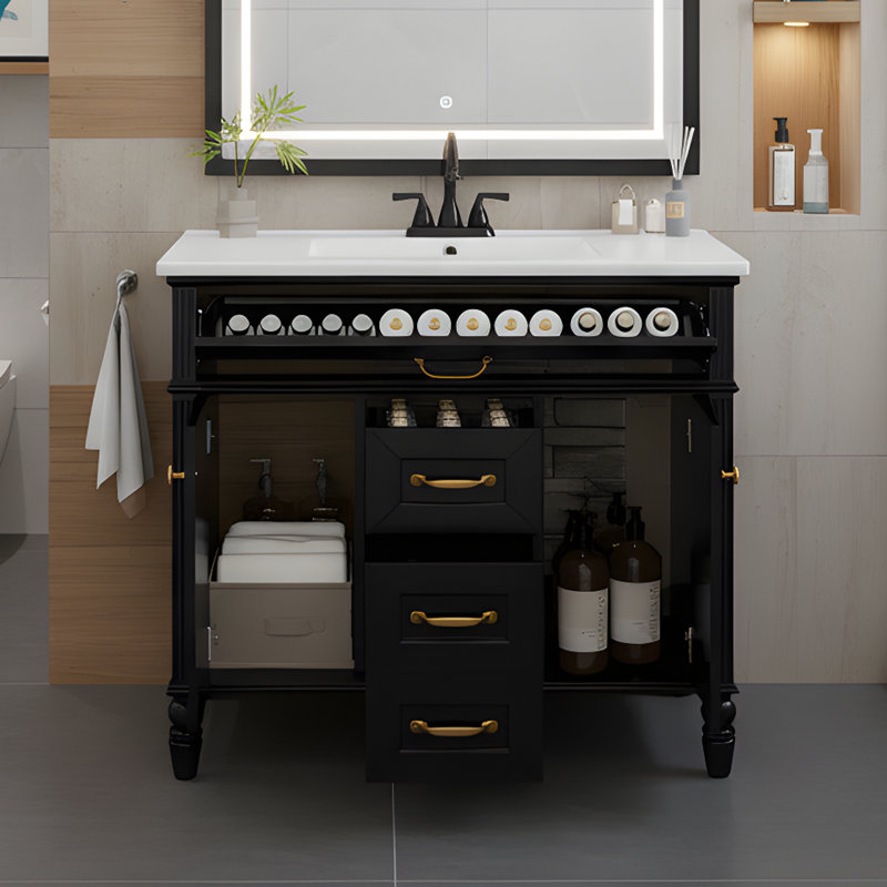 Meuble-lavabo sur pied 36 po avec lavabo en céramique, Noir et or