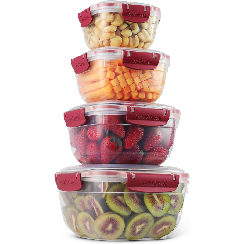 Contenants en plastique pour aliments avec couvercles hermétiques (ensemble de 4), Rouge / transparent