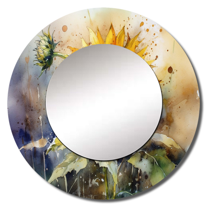 Paublo Yellow Sunflower Symphony I - Sunflower Decorative Wall Mirror, Traditional Round Mirror, Printed Metal Art, 29" x 29"