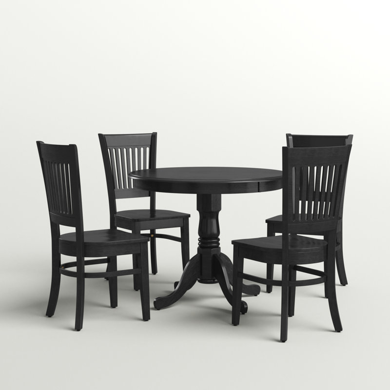 5 Piece Modern Dining Table Set Includes a Round Kitchen Table with Pedestal and 4 Dining Room Chairs, Black, Black, Wooden