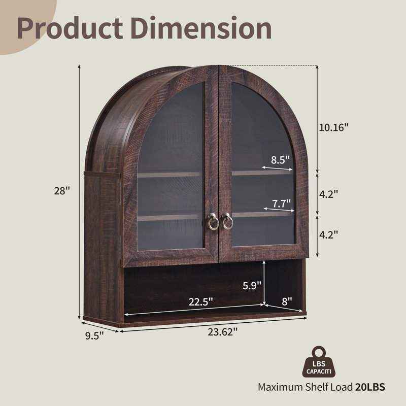  Armoire murale de salle de bain arquée Ahart avec 2 portes en verre et tablette ouverte de 23,6 po, Brun, 1