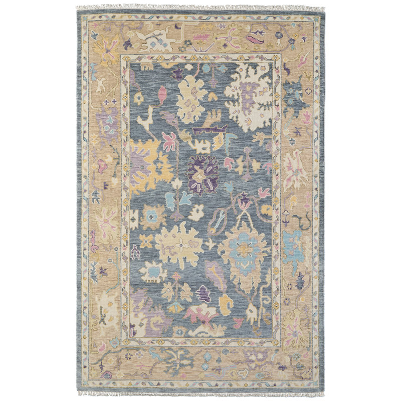 Karina Hand Knotted Wool Floral Area Rug in Blue/Beige, Rectangle 2' x 3'