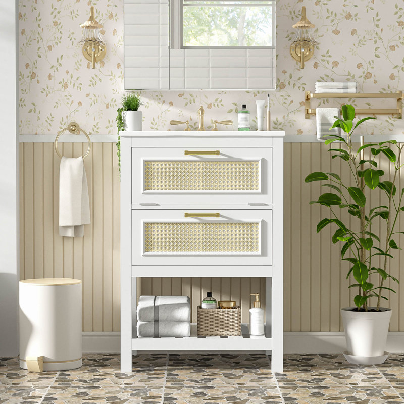 Meuble-lavabo de 24 po avec lavabo intégré en céramique, meuble-lavabo à 1 tiroir profond, 1 tiroir rabattable et meuble-lavabo simple pour petite et moyenne salle de bain