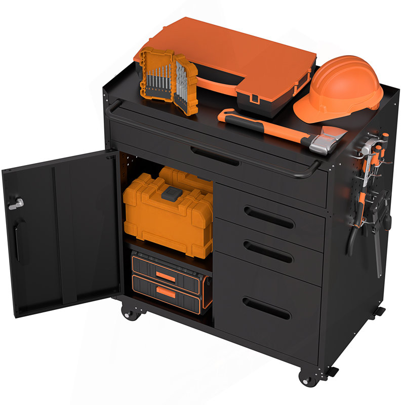 Armoire de rangement mobile pour outils, organisateur de garage avec compartiment verrouillable et 4 tiroirs, coffre en acier roulant