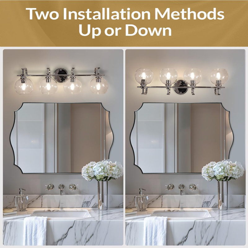 Luminaire de meuble-lavabo 4 lumières, applique murale industrielle avec abat-jour en verre transparent, fabrication en métal antirouille pour l'éclairage de miroir dans la salle de bain, la cuisine, la chambre à coucher, le couloir