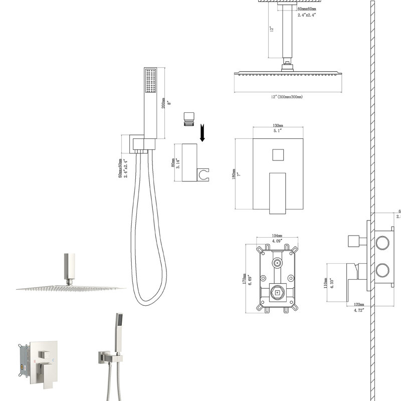 Pomme de douche double au plafond - Nickel brossé 12 pouces avec pluie et système de jet réglable à main pour une expérience sur mesure débit de 1,8 gallon par minute