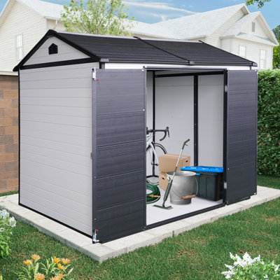 8x6 Resin Outdoor Storage Shed with Floor and 2 Windows Grey White