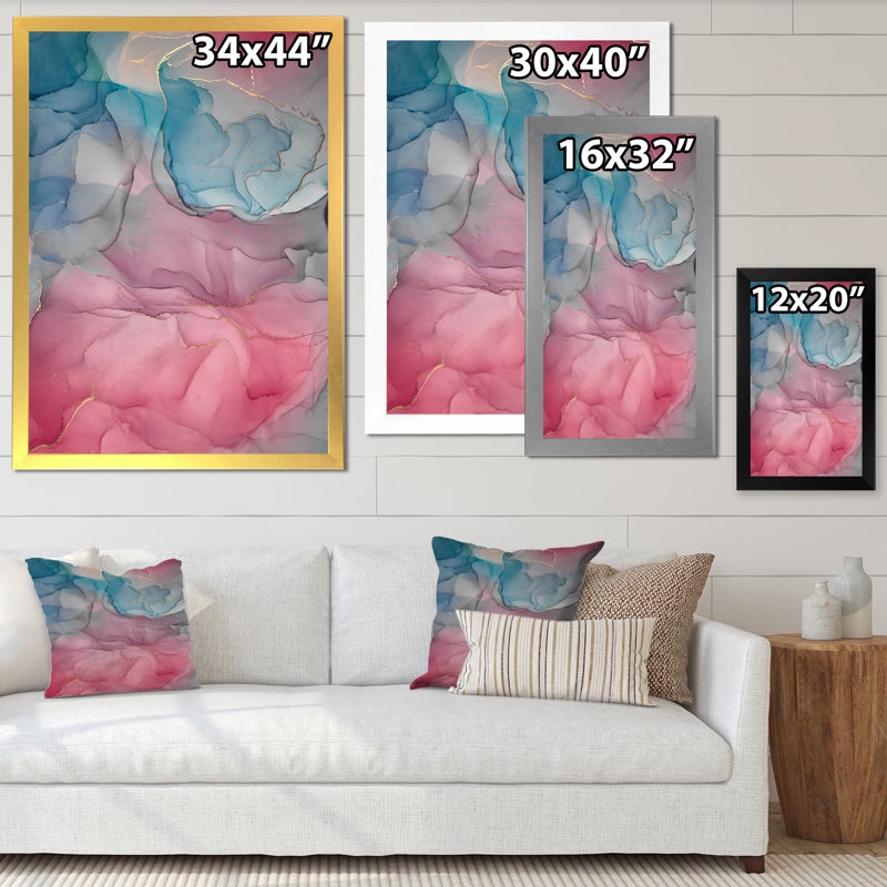 «Pink and Blue Ink Clouds I», peinture sur toile, H 44 po x l 34 po x P 1,5 po, Cadre photo blanc