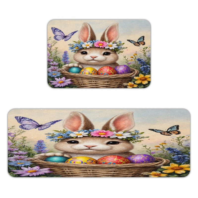 Lapin de Pâques avec panier à œufs, 2 tapis de cuisine antidérapants, Lapin de Pâques brun / mauve avec panier à œufs