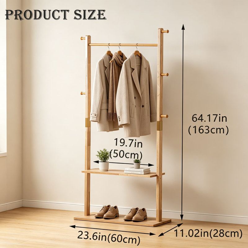 Portant à vêtements en bois massif avec crochets et tablette de rangement, support à vêtements autonome de 23,6 pouces pour le salon, la chambre à coucher, le vestibule, finition en bois d'hévéa naturel