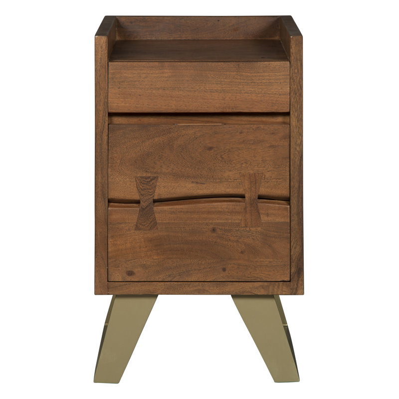 2-Drawer File Cabinet In Solid Acacia Wood With Brass Base
