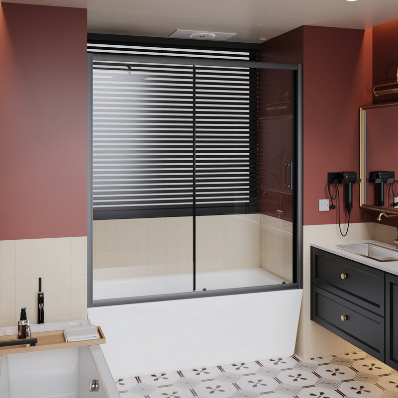 60.In W X 62.In H Single Sliding Shower Door For Bathtub, 1/5 Inch Thick Clear Tempered Glass Shower Door With Stainless Steel Handle, Black