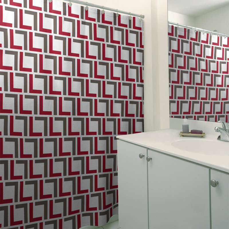 Rideau de douche géométrique simple, Blanc / rouge / étain, Non