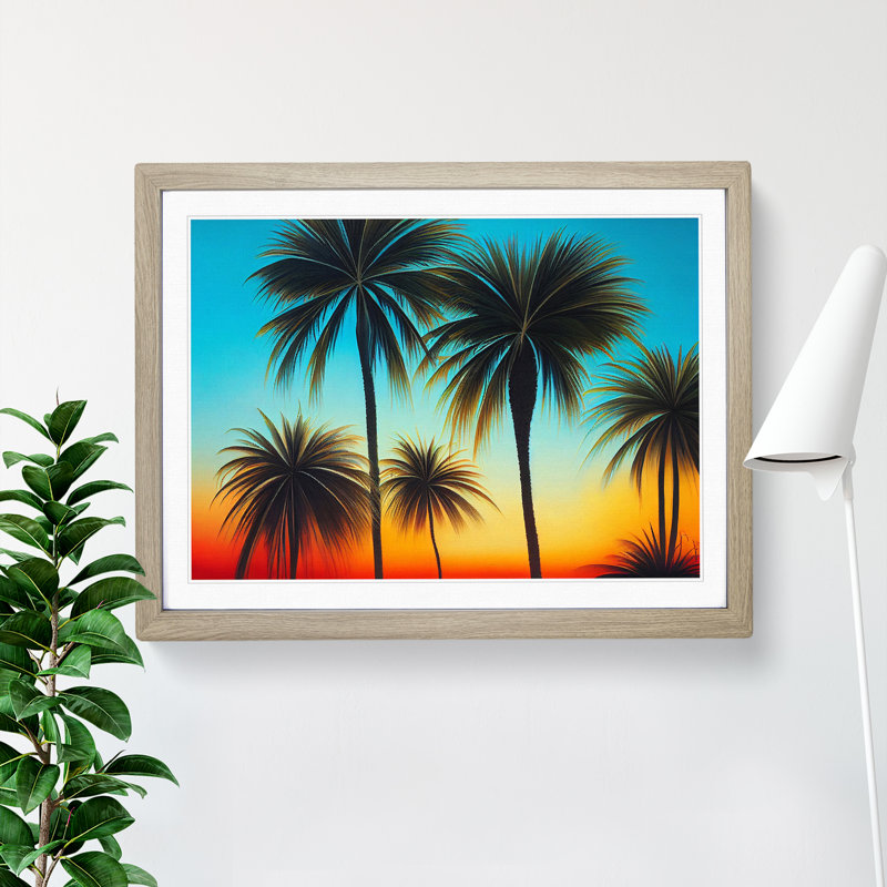XH1022-6774X Palm Tree Sunset Vol.4 - Single Picture Frame Print, 46cm H x 64cm W x 2cm D, Oak