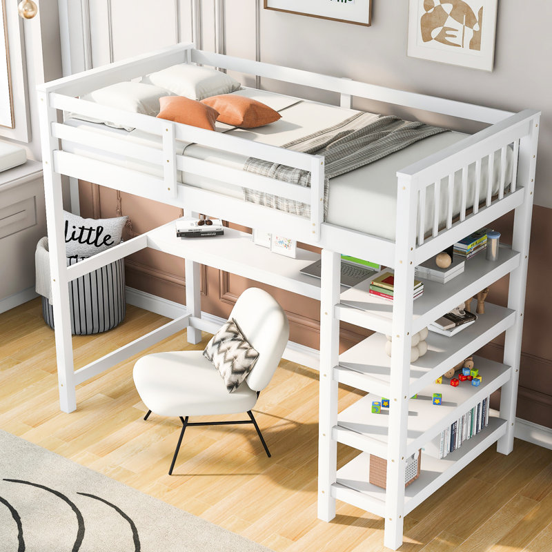 Lit mezzanine blanc avec bureau et tablettes pour un rangement de qualité supérieure