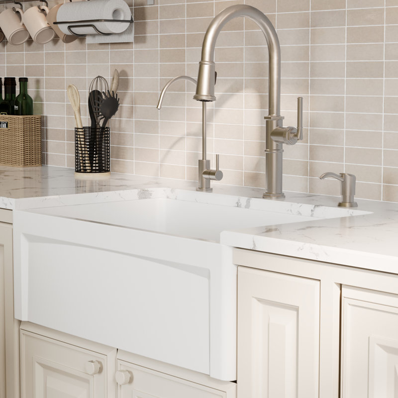 Évier de cuisine en argile réfractaire à tablier frontal simple avec panneau réversible Karran, Blanc