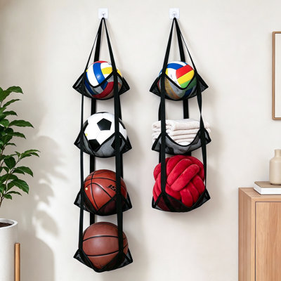 2-Pack Wall-Mounted Hanging Mesh Ball Storage Organizer, 4 Tier Sports Ball Holder for Basketball, Soccer, Volleyball, Football & Toys