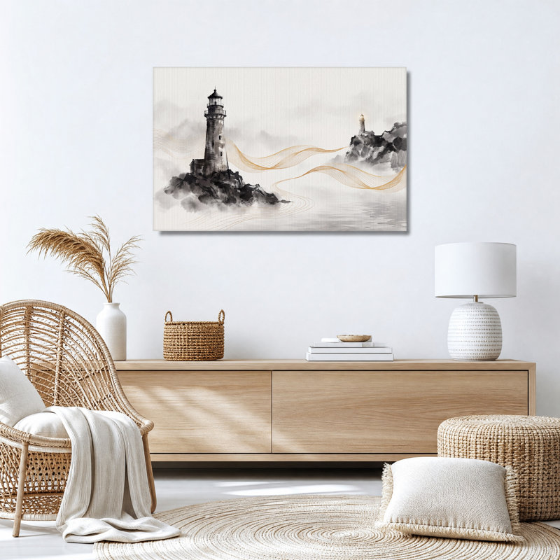 Phares brumeux aux lignes dorées fluides, tableau sur toile, 12"H x 18"W