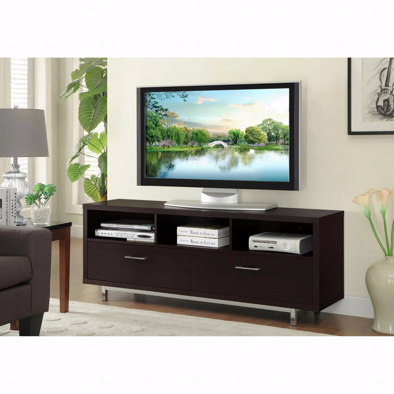 Console de télévision moderne de 60 pouces avec rangement de tiroir et compartiments ouverts, parfaite pour les salons contemporains.