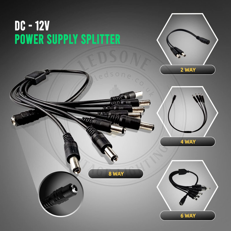 2 way DC 5.5x2.1mm Splitter Cable, 1 Female to 2 Male Power Adapter for LED Strips, CCTV Cameras and 12V Power Supply