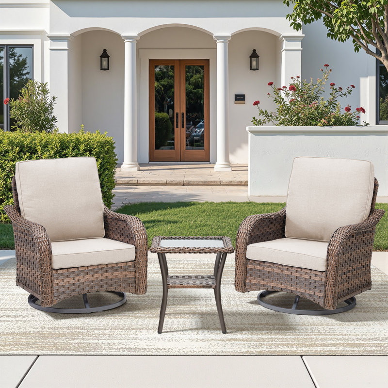 Outdoor Wicker Swivel Glide Chairs With Side Table – Set Of 3, Ergonomic Patio Seating With Plush Cushions & 360° Motion For Garden, Porch & Poolside