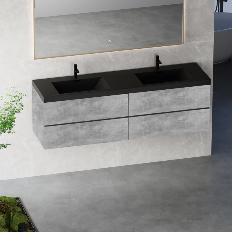 Ensemble de meuble-lavabo mural 72 po avec deux lavabos en quartz noir et quatre tiroirs à fermeture en douceur entièrement assemblés gris ciment 24V12 72Gr W1573p155850