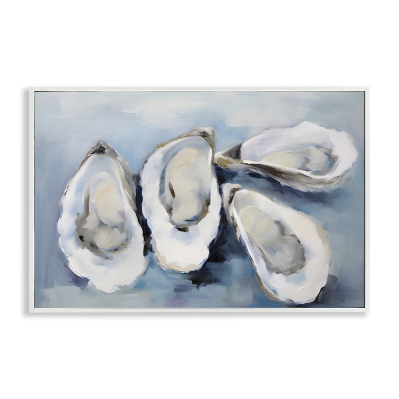 «Four Oysters Impression Giclee» par Petal Prints Design, Estampe numérique encadrée blanc bord de mer, H 16 po x l 24 po