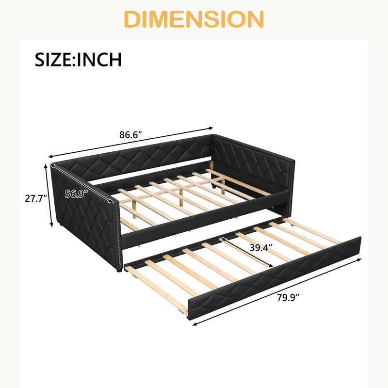 Full XL Size Upholstered Daybed With Trundle And LED, Black
