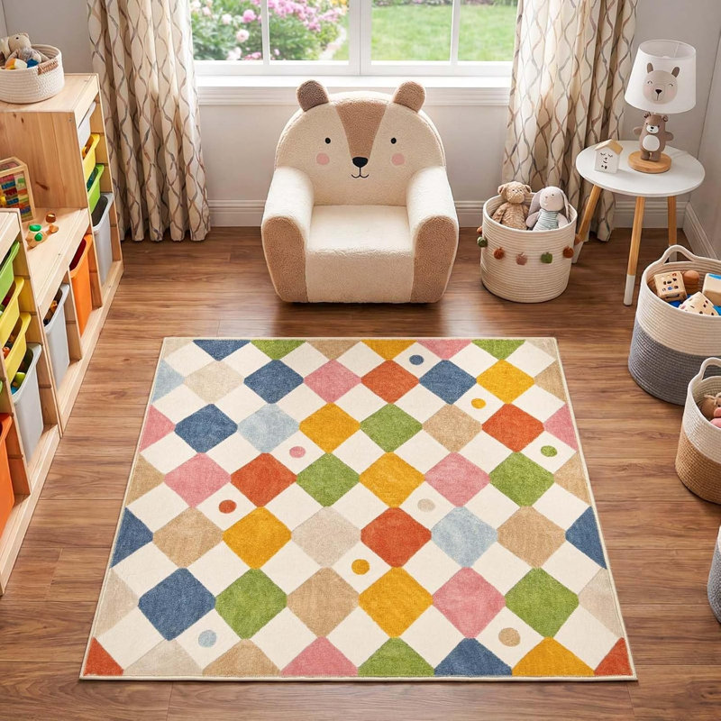 Colorful Diamond for Kids Washable Non-slip Rug, Argyle Circus, Square 4'