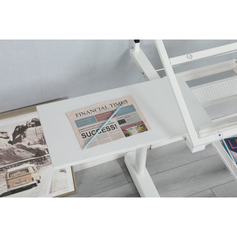 White Drafting Table With 0 - 75° Tiltable Desktop And Stool Craft Desk Hand Crank Adjustable Construction, 2 Metal Drawers,