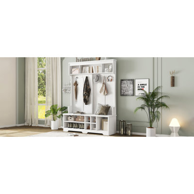Modern Hallway Hall Tree With Metal Hooks And Storage Space, Multifunctional Entryway Coat Rack With Shoe Cubbies, White