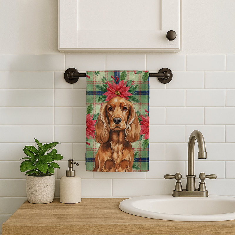 Red English Cocker Spaniel Christmas PoinsettIas Kitchen Towel, Red English Cocker Spaniel