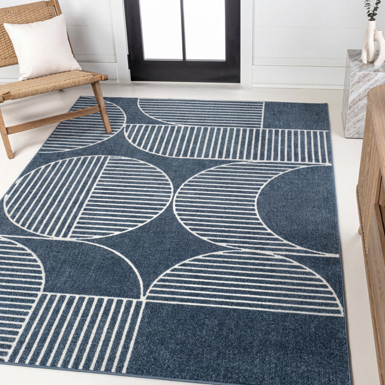 Nordby High-Low Geometric Arch Scandi Striped Navy/Cream Indoor/Outdoor Rug