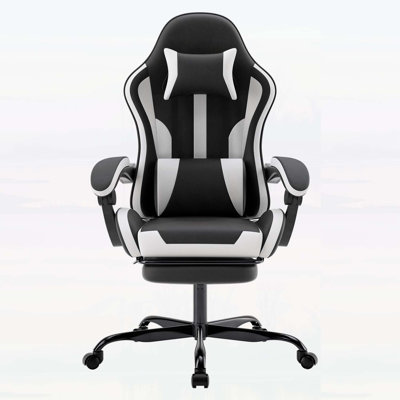 Fauteuil de jeu ergonomique avec repose-pieds et support lombaire, réglable en hauteur, pivotant à 360 °, idéal pour le bureau ou les jeux en noir et blanc