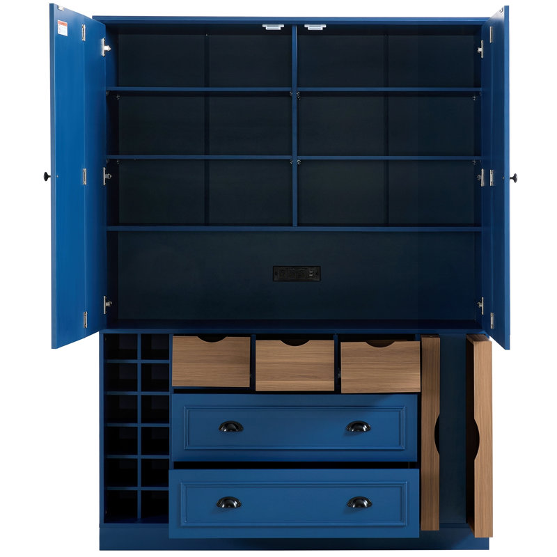 Garde-manger de ferme avec portes pliables, prise de courant, support à vin et plateaux de service, Blue