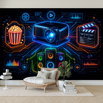 Wall Mural Peel and Stick Wallpaper Futuristic Home Theater Circuit Elements Movie Icons Self-Adhesive Removable Contact Paper Wall Decor for Living Room Bedroom 100"H x 144"W