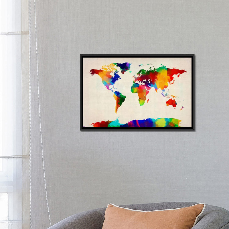 «Map of The World IV» par Michael Tompsett, reproduction d'art sur toile, H 32 po x l 48 po x P 1,5 po, Toile avec cadre noir