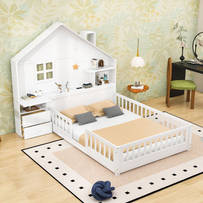 Ove Wood House Platform Bed with Drawers and Shelves