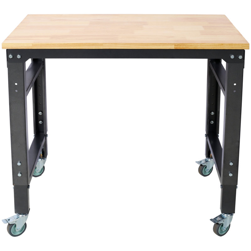 Workbench - 35" Wide Rolling Workbenches For Garage - Adjustable Height, Workshop Tool Bench, Metal With Rubber Wood Top ,Black Hammertone Leg